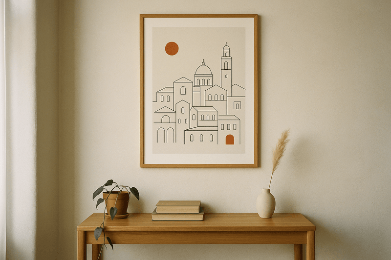 A framed Placecrafts poster hanging in a warm European home interior